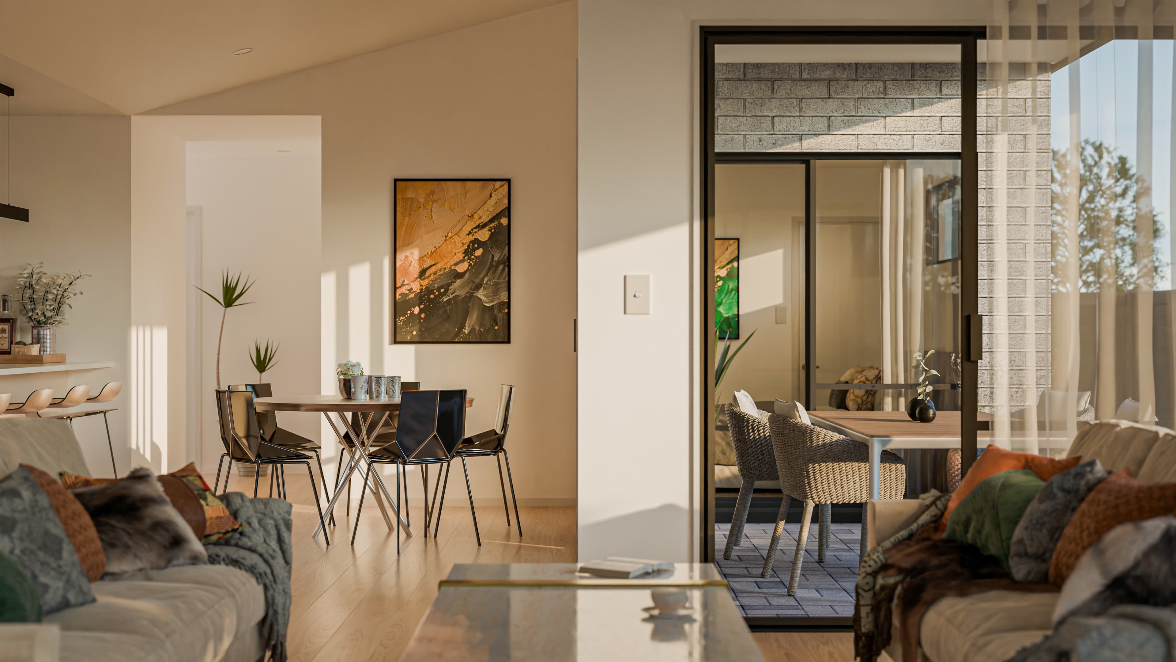 Kitchen, living and patio at The Horsham Residences